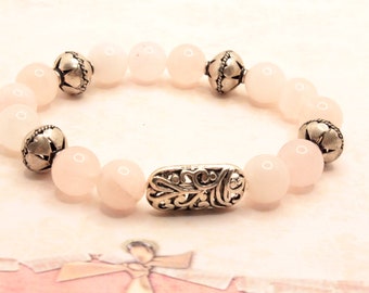 Rose Quartz Stretch Bracelet with Silver Decorative Beads and Silver Rectangle Filigree Focal