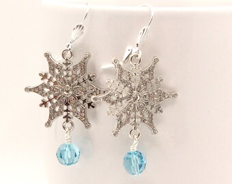 Snowflake Earrings, Sparkly Holiday Earrings, Christmas Snowflakes, Rhinestone Snowflake Earrings, Fine Austrian Crystals, Silver and Blue