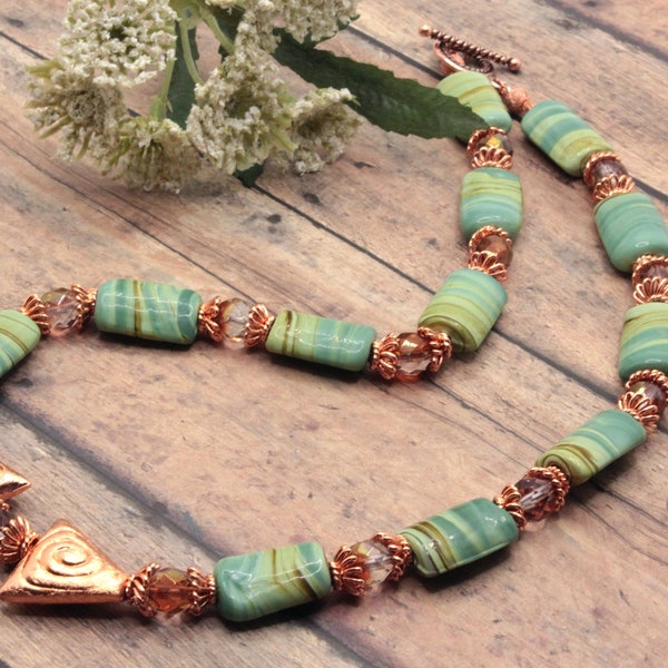 Green and Brown Lampwork Necklace with Czech Crystals and Copper Focal