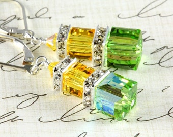 Swarovski Crystal Cube Earrings, Sterling Silver, Peridot and Light Topaz, Citrus Colors