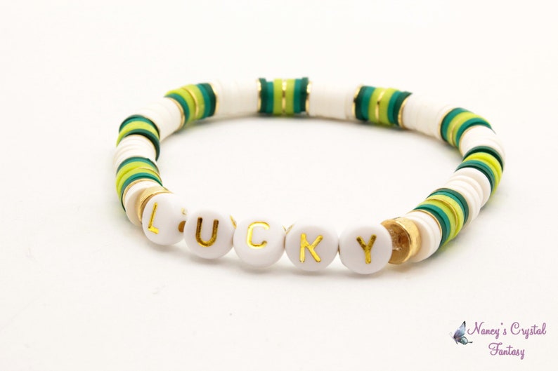 St. Patrick's Day Clay Bead Bracelet, Stack Stretch Bracelets, Trending Jewelry, St. Patrick's Day Colors White stripes Lucky