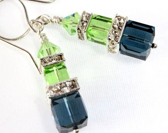 Blue and Peridot Green Crystal Cube Stack Earrings, Austrian Crystals, Sterling Silver, Bridal Earrings, Bridesmaid Earring