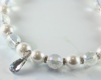 White Pearl and Disco Crystal Necklace with Swarovski Pendant, Bead Necklace, Bridal, Wedding, Prom, Elegance