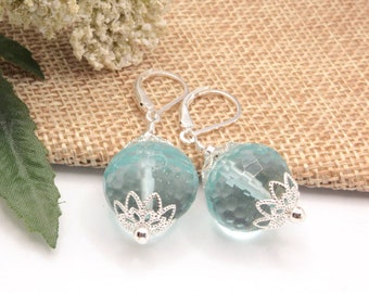 Faceted Aqua Quartz and Silver Earrings, March Birthstone, March Birthday Gift, Aquamarine Color