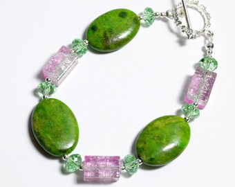 Green and Pink Bracelet - Apple Green Turquoise and Watermelon Crackle Glass - Ice Flake Quartz