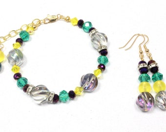 Mardi Gras Bracelet and Earrings Set - Swirled Glass Beads - Purple, Green, Yellow - Mardi Gras Colors - Mardi Gras Jewelry