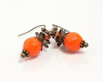 Orange Earrings, Vintage Style, Fall Earrings, Autumn Earrings, Czech Fire Polished Beads, Antique Gold, Vintage Look