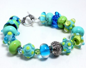 Aqua Lampwork Bracelet with Sterling Silver and Swarovski Crystals