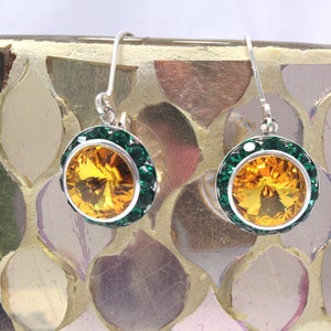 Green and Gold Dangle Earrings, Fine Austrian Crystal Earrings, Rivoli Lever Back Earrings, Green and Gold School Colors, Game Day Earrings image 7