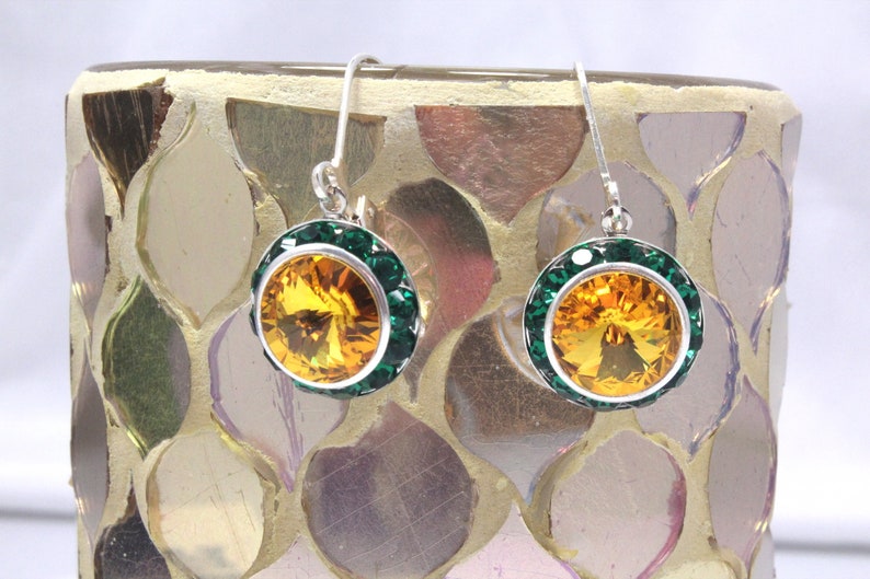 Green and Gold Dangle Earrings, Fine Austrian Crystal Earrings, Rivoli Lever Back Earrings, Green and Gold School Colors, Game Day Earrings image 7