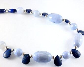 Blue Lace Agate and Lapis Necklace, Blue Gemstone Necklace, Agate Necklace, Sapphire Color, September Birthday