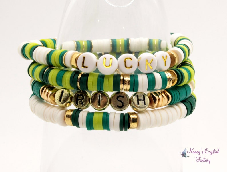 St. Patrick's Day Clay Bead Bracelet, Stack Stretch Bracelets, Trending Jewelry, St. Patrick's Day Colors image 4