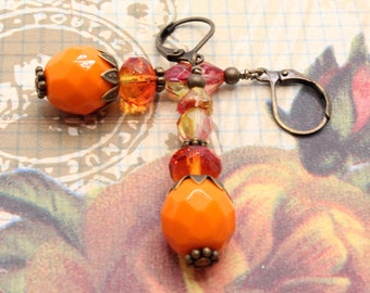 Orange Delight Stack Czech Beads Earrings, Vintage Look Earrings, Bronze Metals