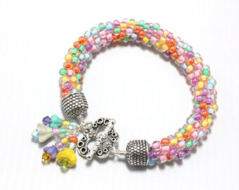 Kumihimo Sparkling Pastels Flowers and Butterfly Bracelet