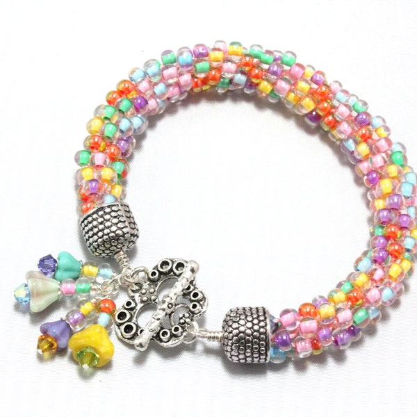 Kumihimo Sparkling Pastels Flowers and Butterfly Bracelet