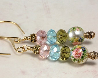 Tensha Bead and Crystal Earrings, Pastel Earrings, Pink Rose, Spring Jewelry