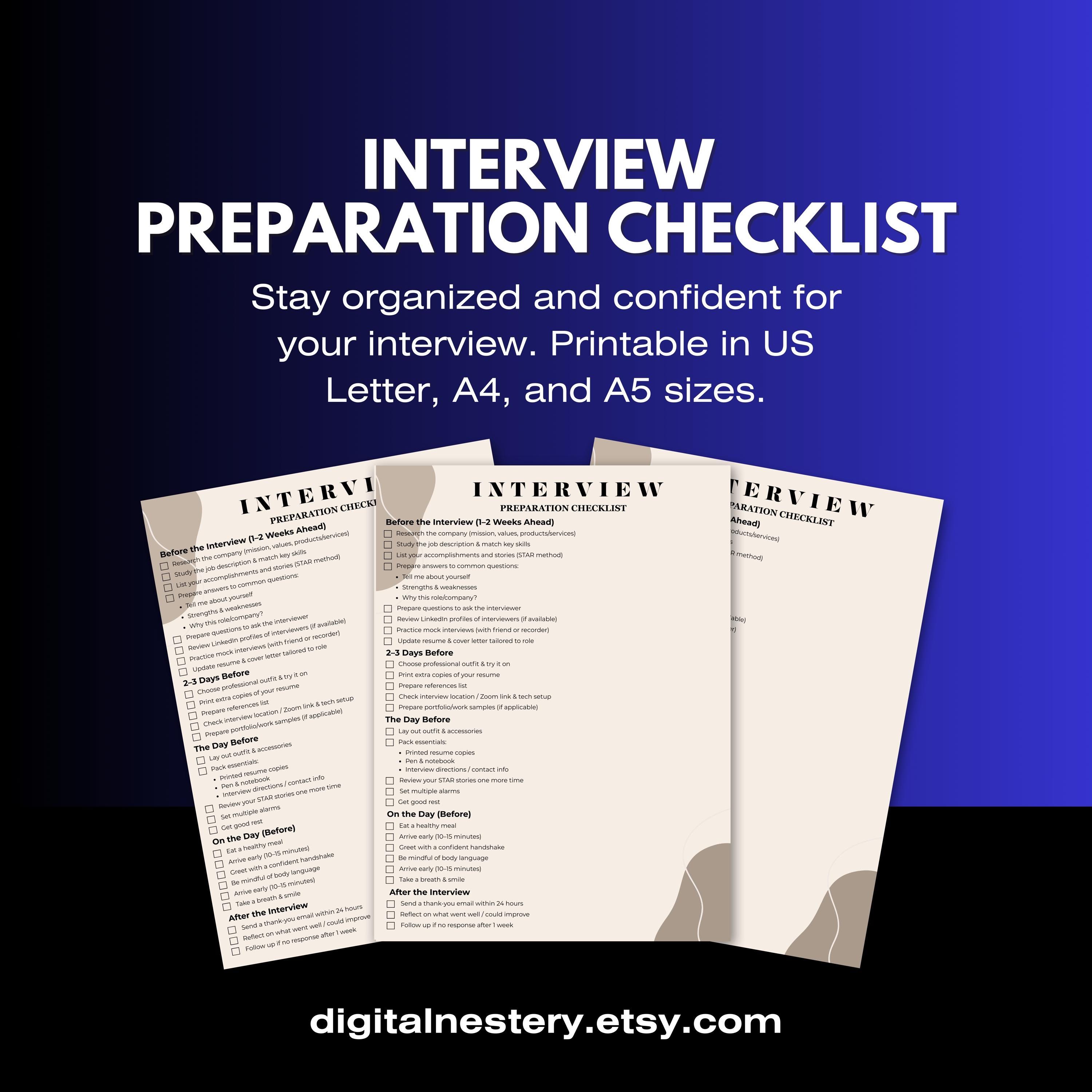 Interview Preparation Checklist | Job Interview Planner (PDF) - Etsy