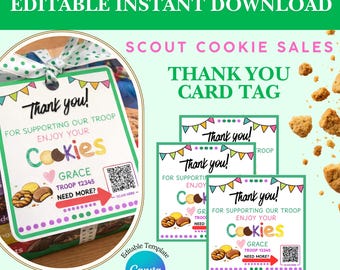 Thank You Tag/Card, For Scout Cookie Sales, Printable, Editable, Customizable in Canva. DIY