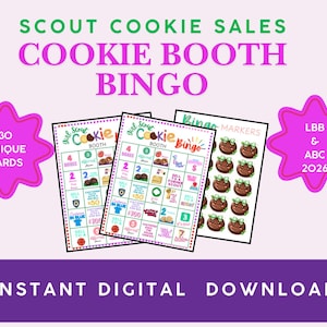 Peut inclure: Téléchargement numérique d'un jeu de bingo Girl Scout Cookie Booth. L'image montre trois cartes de bingo avec des illustrations et du texte sur le thème des cookies. La conception comprend le texte "Scout Cookie Sales Cookie Booth Bingo" et "Instant Digital Download."