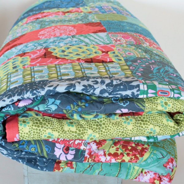 Bright and Modern Queen Quilt, Heirloom Quilt in Amy Butler Cameo Fabrics, Cozy Flannel Quilt