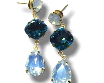 Crystal Earrings - Blue - White Opal - Vintage Stones - Post Earrings -  Old Hollywood -  bridal wedding - Elegant Holiday Sparkle