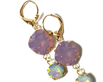 Purple Opal Swaovski Crystal Earrings - White Opal StarShine - Vintage Stones -  Old Hollywood -  bridal wedding - Elegant Sparkle