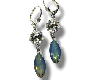 Crystal Earrings - Air Blue Opal - White Swarovski  - Vintage Stones -  Old Hollywood -  bridal wedding - Elegant Holiday Sparkle