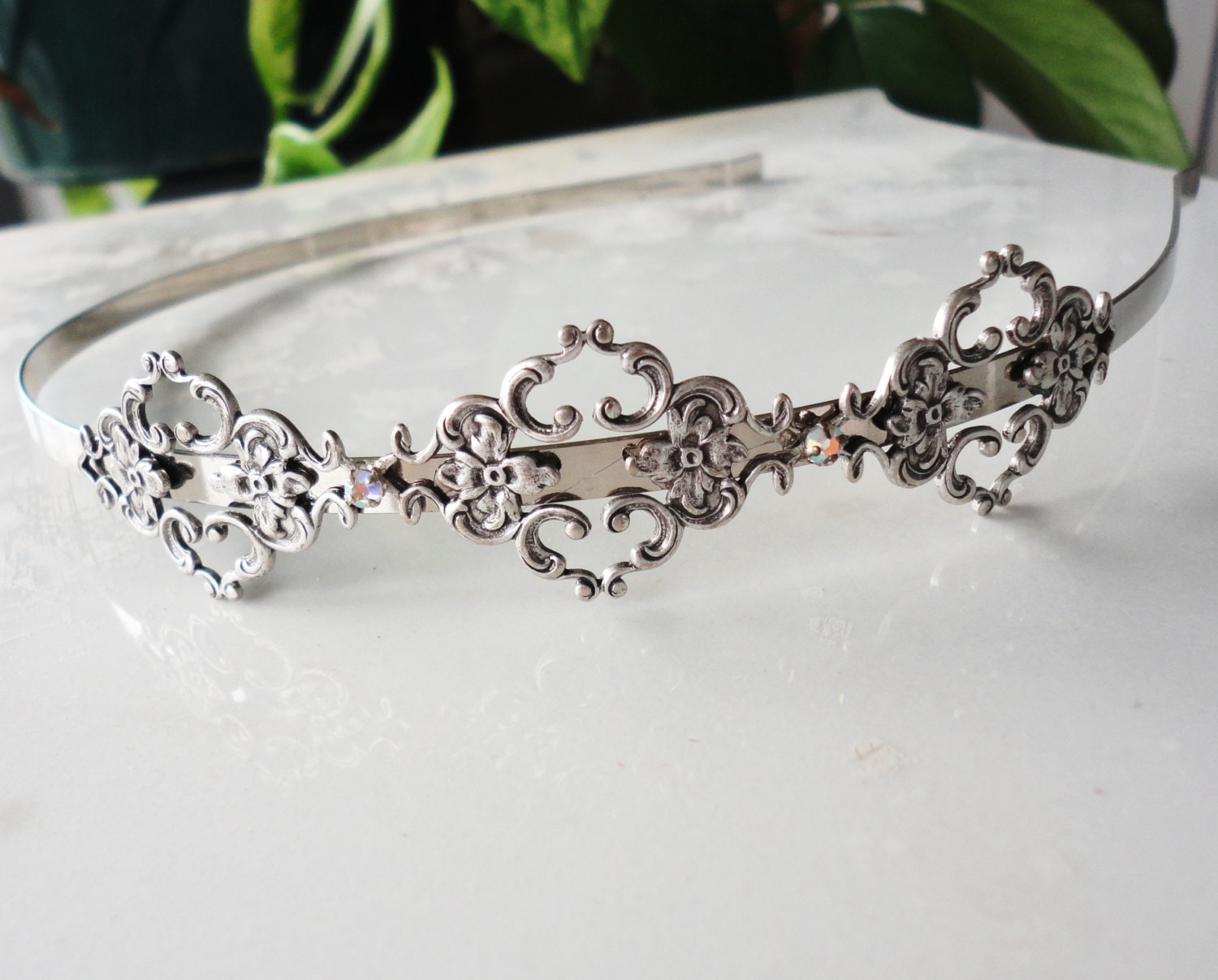 Silver Filigree Hairband crystal vintage bridal bridesmaids long estate old hollywood Wedding