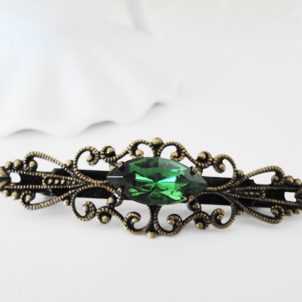 Emerald Hair Barrette filigree green vintage bridal bridesmaids estate old hollywood bronze crystal Weddings Vintage Style Beach