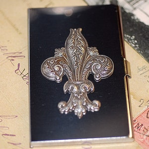 Caso carta Fleur de lis francese Carta di credito affari commerciale caso inossidabile acciaio Silver Antiqued