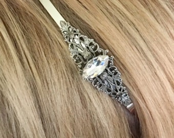 Silver Filigree Hairband  crystal  Jewel vintage bridal bridesmaids long estate old hollywood Wedding