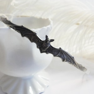 May include: A silver-toned bat-shaped headband with a detailed design. The headband is curved and has a bat with outstretched wings in the centre.