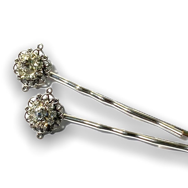 Crystal Blossom  silver Filigree hairpins brides bridesmaids flower wedding bobbypins