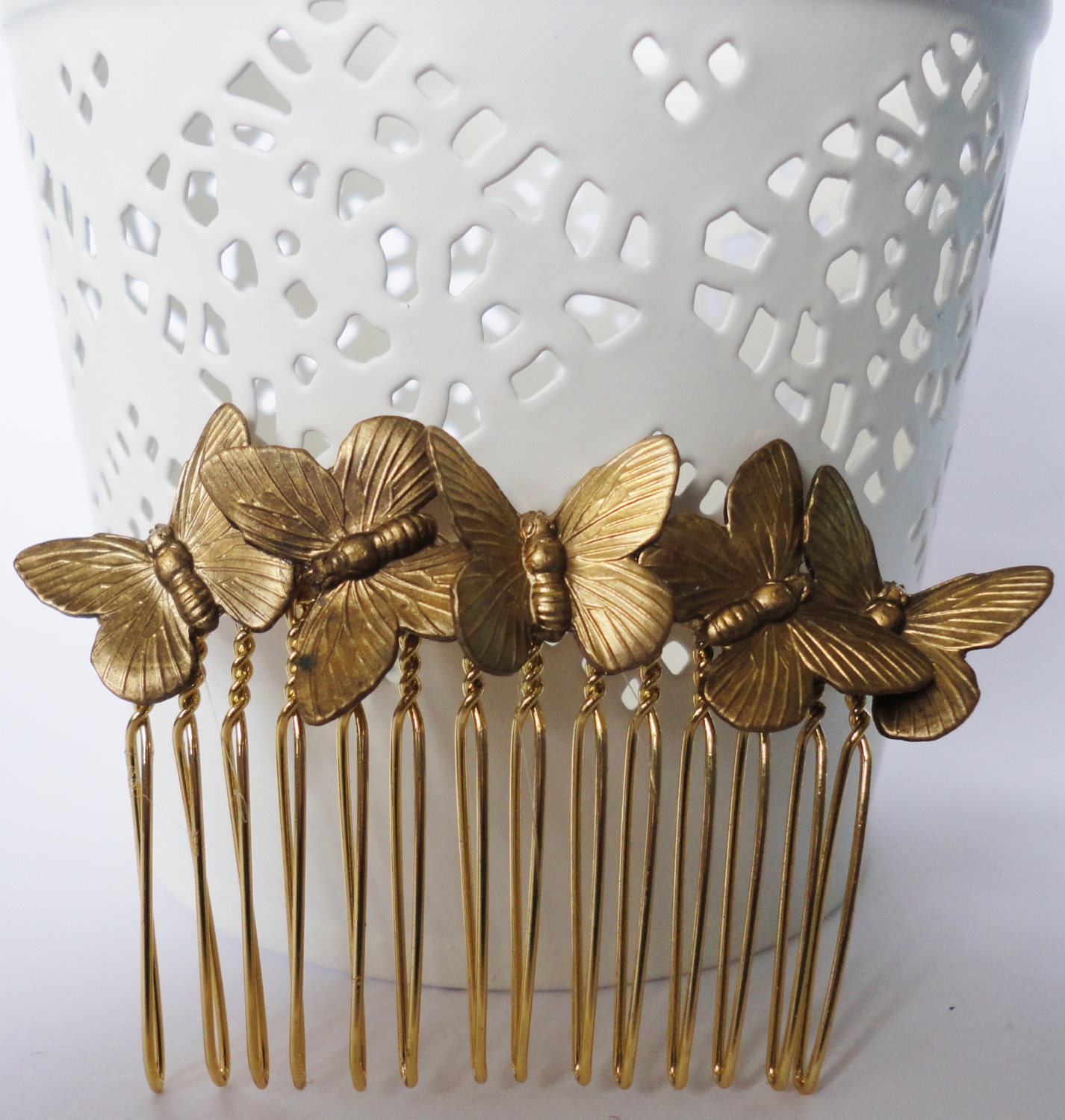 Bridal Butterfly Brass Hair Comb: Antiqued Gold Wedding Hairpiece