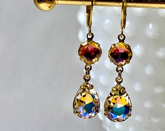 Crystal Earrings - Swarovski Crystal - Moonlight Pear Stones-- Vintage Stones -  Old Hollywood -  bridal wedding - Elegant Holiday Sparkle