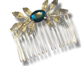 Teal Blue - Crystal Hair Comb- Silver - Leaf Retro Shabby chic - Old Hollywood- wedding - bridemaids Vintage style Estate Style