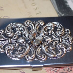 Estuche para tarjetas de visita Portatarjetas de crédito adornado con joyas de acero inoxidable plateado