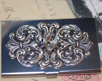 Business  Card Case Jewelled Ornate credit card holder silver stainless steel