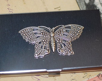 Business Card Case Silver butterfly Antiqued Stainless Steel Credit card holder