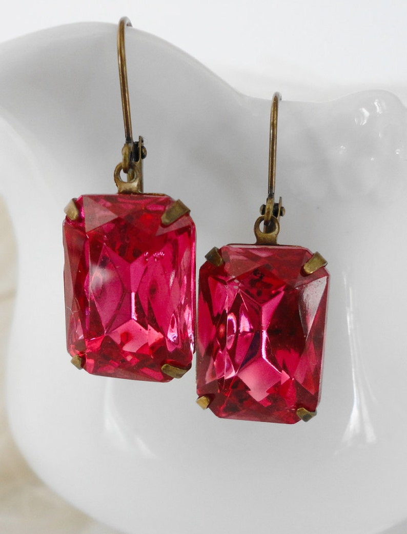 Hot Pink Octagon Estate Vintage Crystal Earrings Classic Wedding Bridesmaids Brides Evening special Occassion image 1