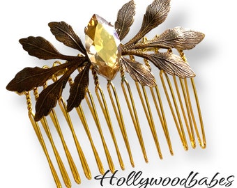 Crystal Hair Comb- Gold- Topaz Crystal- Leaf Retro Shabby chic Old Hollywood wedding bridesmaids Girly Vintage style Estate Style