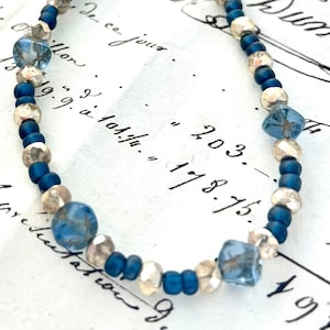 Starry Nights Necklace with Vintage Blue Glass square beads & czech gold crystal 24kt vermeil clasp cobalt and gilt image 1