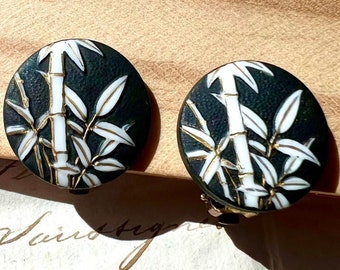 Toshikane Porcelain Bamboo Vintage Sterling Silver screw back earrings - Signed and Made in Japan - clip on