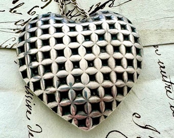 Jan Yager Signed Puffy Heart Quilted Necklace in Sterling Silver with Long Sterling Chain - 1986 80s style artisan artist