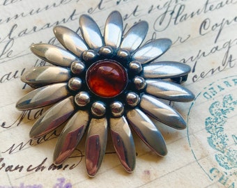 Sterling Silver Sunflower Brooch with amber by Brodrene Bjerring Bros Denmark Scandinavian - flower signed danish pin coat BrodBj Brod Bj