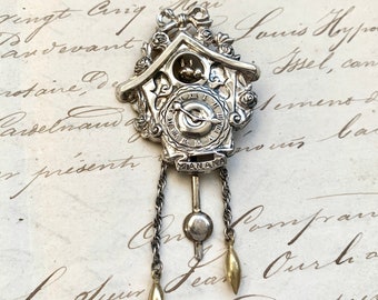 Lang Sterling Silver Cuckoo Clock Mañana Brooch - Vintage 40s - Clock bird kinetic Whimsical Pin