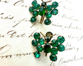 Emerald Rhinestone Butterfly Screw Earrings from Czechslovakia - crystal - Czech Screwbacks