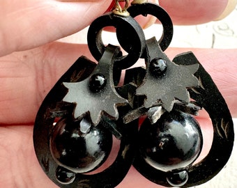 Rare Victorian Jet Black Ball Ivy earrings - mourning jewelry black dangle - kinetic swinging vintage