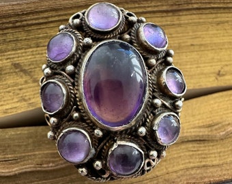 Chinese Export Amethyst Silver Vermeil dome flower  ring circa 1940 -adjustable size