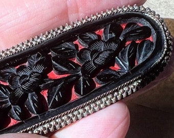 Antique Chinese Carved Ebony and Cinnabar Brooch - Chinese Export